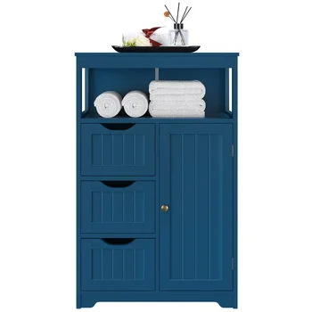 Easyfashion Деревянный напольный шкаф для ванной комнаты, многоярусный органайзер для хранения, темно-синий