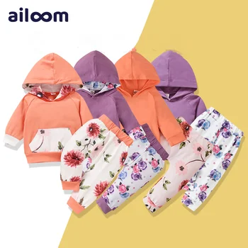 Одежда для новорожденных девочек, осенние комплекты из 3 предметов, топ с капюшоном, Штаны с цветочным рисунком и повязка на голову, костюм, Весенний спортивный костюм, толстовка