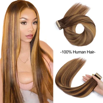 Лента для Наращивания человеческих Волос 100% Волосы Remy Смешанного Цвета Омбер Прямой Бесшовный Уток из Кожи 14 