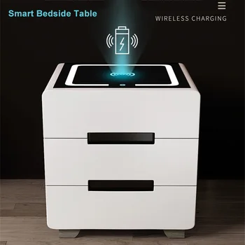 Интеллектуальный прикроватный столик Шкаф для хранения в спальне, Современная беспроводная зарядка, Черная Многофункциональная прикроватная тумбочка с подсветкой