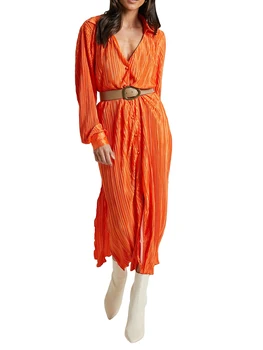 Элегантное Однотонное Плиссированное платье с воротником-лацканом и V-образным вырезом для женщин - Y2K Платье-рубашка на пуговицах с длинными рукавами