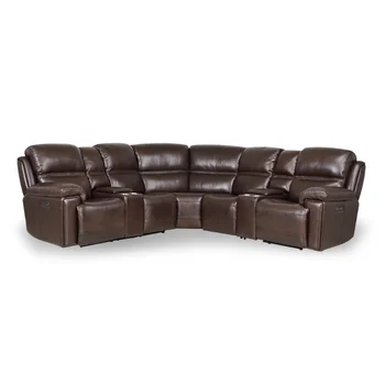 Timo Top Grain Leather Модульный секционный диван с электроприводом | Регулируемый подголовник |Вышивка крестиком из коричневой кожи [США