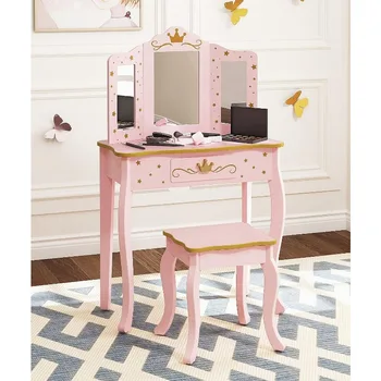 Детский туалетный столик UTEX для ролевых игр с зеркалом и табуреткой, детский косметический столик с зеркалом для маленьких девочек