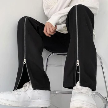 Корейский дизайн на молнии, модные мужские прямые брюки, повседневные шикарные черные брюки, персонализированные модные уличные мужские