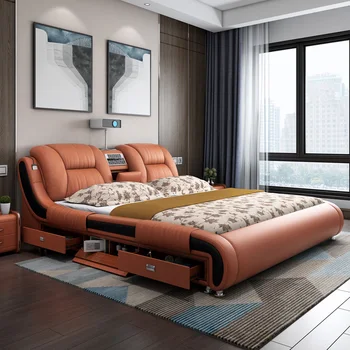 Тканевая кровать с технологией Smart tatami, современная тканевая ткань для главной спальни, двойной многофункциональный проектор, роскошная мягкая сумка