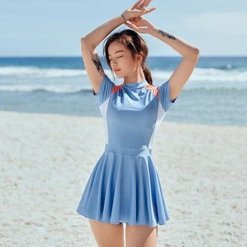 Консервативный купальник в корейском стиле с коротким рукавом, женский купальник-Танкини, юбка, Купальный костюм большого размера, купальник из двух частей, Весна