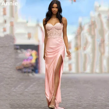 Энни Розовое Вечернее платье-Бандо с атласной Вышивкой, Платье для выпускного вечера с разрезом сбоку, Длинное Платье для ночи