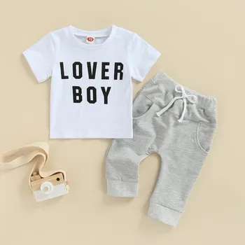 Комплекты одежды для новорожденных мальчиков, комплект одежды из 2 предметов, лето 2023, Футболка с короткими рукавами и буквами, однотонные брюки, детская одежда