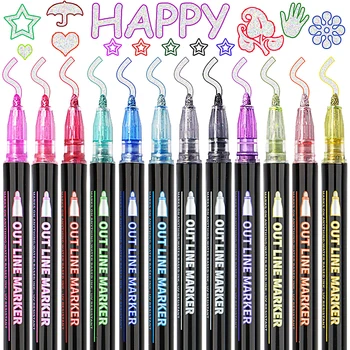 Набор ручек с двойной линией 12 цветов, Металлический Волшебный маркер-хайлайтер, ручка для художественной живописи, письма, Школьные принадлежности