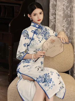 Традиционный Воротник-стойка, Семиточечный рукав, Женские Атласные платья Ципао в восточном китайском стиле с принтом Чонсам