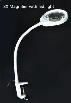 Бесплатная доставка, стеклянная настольная лампа с 8-кратной лупой с затемняющим светодиодным освещением, Регулируемая лампа для станка с мягким стержнем