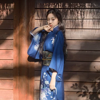 Женское Японское Традиционное Кимоно в стиле ретро, Синее Длинное платье с модифицированными цветочными принтами, Юката, Костюм для Косплея, платье для выступлений