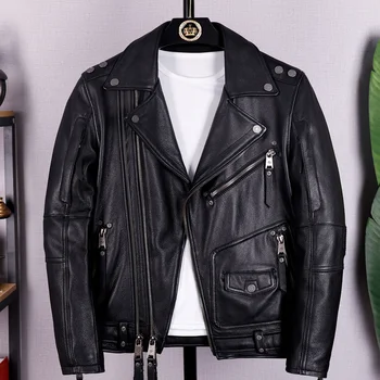 Черная Мужская весенняя куртка в мотоциклетном стиле, большие размеры 4XL, натуральная воловья кожа, Осенние приталенные короткие байкерские пальто из натуральной кожи