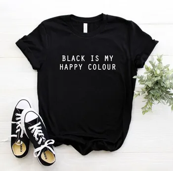 Женская футболка, черный мой счастливый цвет, футболка с буквенным принтом, женская свободная футболка с коротким рукавом и круглым вырезом, женская повседневная футболка