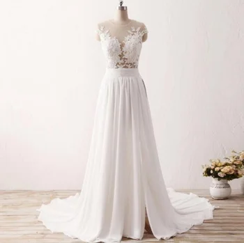 2020 Новые Дизайны, рукав с горловиной, Короткий рукав, Кружевное Шифоновое Белое Свадебное платье Illusion, Платье Для Новобрачных