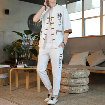 Мужская повседневная рубашка из хлопка и льна, летняя дисковая пряжка в китайском стиле, Ретро пятиточечный рукав, воротник-стойка Hanfu, костюм Тан, пальто