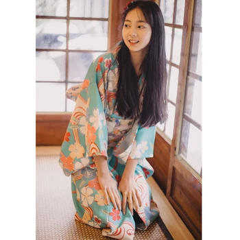 Женское традиционное японское кимоно Юката, платье для фотосъемки, костюм для Косплея, небесно-голубой цвет, цветочный принт, Винтажная одежда
