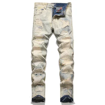 Мужские рваные джинсы с вышивкой, уличная одежда, джинсовые брюки без дырок, винтажные синие облегающие брюки с заплатками, высококачественные повседневные джинсы