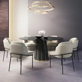 Обеденный стол с мраморной столешницей из черного камня в Скандинавском Стиле, Обеденные стулья в стиле домашней Кухни, Круглая гостиная на 8 персон, Ресторанная мебель