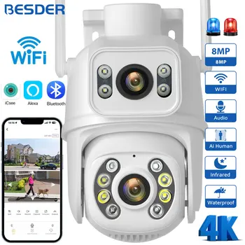 BESDER 8MP WiFi Камера PTZ С двумя Экранами Автоматическое Отслеживание Ночного Видения CCTV Камера Наблюдения Наружная 4MP IP-камера Безопасности icsee