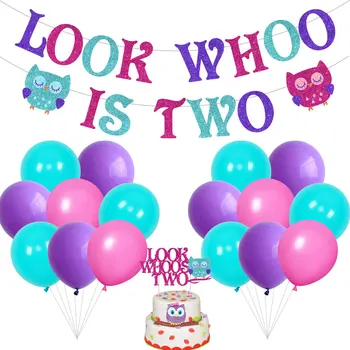 Украшения на тему Совы на 2-й День Рождения с Надписью Look Whoo Is Two Owl, Баннер, Топпер для Торта, Фиолетово-розовый Набор Воздушных Шаров для Детского Дня Рождения