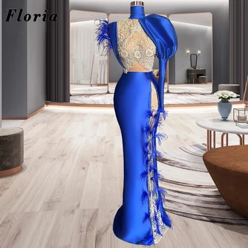 Вечерние платья Floria Blue Mermaid с одним плечом, Новое Модное Платье Знаменитостей с Бусинами и перьями, Женские платья для свадебной вечеринки в Дубае