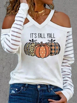 Женская футболка It's Fall Y'all, Сексуальный Пуловер с Открытыми плечами и принтом Тыквы, Топы, Свободная Повседневная Футболка с Длинным рукавом на День Благодарения