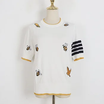 Высококачественная футболка TB Crewneck в корейском стиле, Летний женский свитер из шелка с вышивкой пчелы и льда