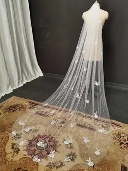 Реальные фотографии Свадебная фата с жемчугом и кружевными аппликациями длиной 3 метра, однослойная Фата для новобрачных с гребнем, свадебные аксессуары