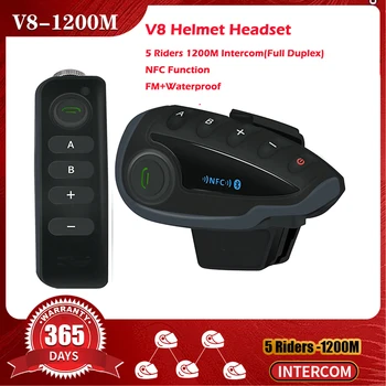 Гарнитура для мотоциклетного шлема V8 1200 М Bluetooth-гарнитура для внутренней связи, Полный дуплекс Для 5 гонщиков, пульт дистанционного управления NPC + FM-радио