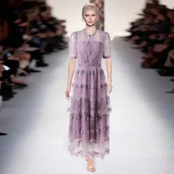 Фиолетовые сетчатые Длинные платья с вышивкой для женщин 2023, Весна-лето, Элегантное платье Макси в складку с круглым вырезом и коротким рукавом, Длинный халат