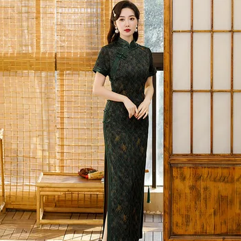 Летнее Зеленое облегающее платье Ципао с Короткими рукавами в Традиционном китайском стиле и воротником-стойкой, Модное Банкетное Платье Qipao для Женщин