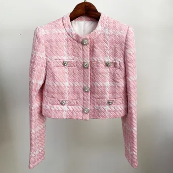 2021, весенне-осенние женские твидовые куртки с хрустальными пуговицами, высококачественное короткое пальто в клетку розового цвета A840