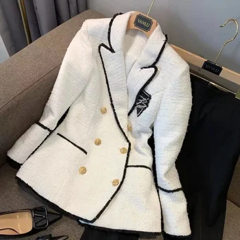 Высококачественное модное брендовое твидовое белое шерстяное пальто с V-образным вырезом, Двубортный костюм средней длины, Женская одежда больших размеров оптом