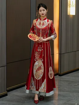 Изысканный свадебный комплект в китайском стиле с вышивкой, Свадебное платье Невесты, Чонсам, Ретро-подарок для невесты с кисточками, Одежда для тостов