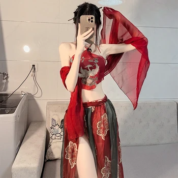 Сексуальное женское китайское традиционное платье Hanfu, Нижнее Белье, Юбка на подтяжках, Пижама, Бандажная Юбка, Комплект, Косплей, Вышитая одежда