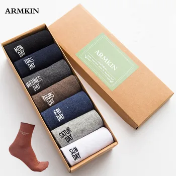 ARMKIN 7 пар/лот, Повседневные деловые мужские носки, носки для экипажа, хлопковые однотонные кальцетины, счастливые забавные еженедельные носки, chaussette homme