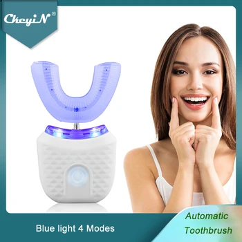 Электрическая зубная щетка CkeyiN С звуковой вибрацией, U-образная Силиконовая Автоматическая Зубная щетка, Водонепроницаемая щетка для отбеливания зубов с синим светом