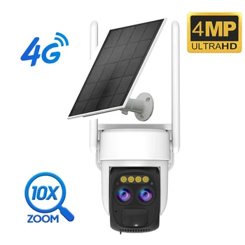 Солнечная камера 4G 4MP с 10-кратным увеличением, IP-камера с двумя объективами сверхнизкой мощности, полноцветное обнаружение движения днем и ночью