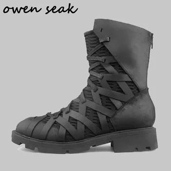 Owen Seak/Мужская обувь; Роскошные кроссовки с высоким голенищем; Зимние ботинки для верховой езды из натуральной кожи на молнии; Повседневные черные кроссовки на плоской подошве со шнуровкой;