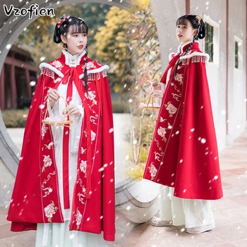 Женский плащ Ханфу в китайском стиле, зимнее элегантное пальто принцессы Династии Тан, красный традиционный древний восточный костюм