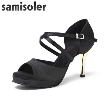 Samisoler/ Новые черные атласные туфли на золотистом каблуке для бальных танцев, модные женские туфли для латиноамериканских танцев, туфли для сальсы, каблук7,5/8,5 см