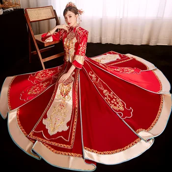 Традиционное Изысканное Китайское Свадебное Платье Жениха И Невесты с Вышивкой Бисером и Кисточками Marry Cheongsam Свадебное платье