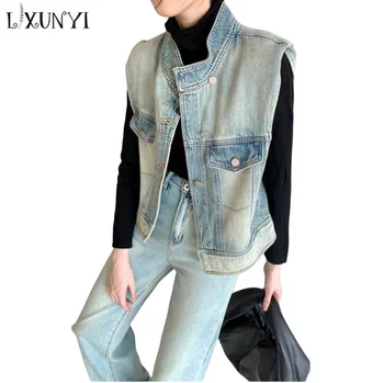 LXUNYI/ Джинсовые жилеты для женщин, летняя высококачественная модная накидка на плечо, женские джинсовые пальто без рукавов, Повседневный жилет, Джинсовая куртка для женщин