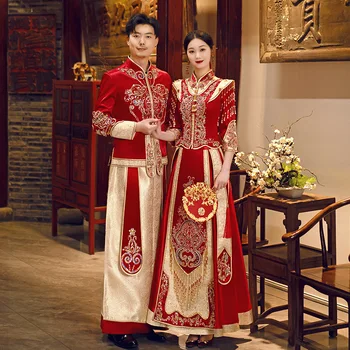 Классическая Пара Чонсам в традиционном китайском стиле, Блестящие пайетки, вышивка бисером, кисточки, свадебное платье