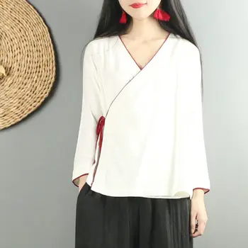 2022 Однотонный кардиган Hanfu в китайском стиле в стиле ретро, Свободная Женская одежда, Блузка, рубашка из хлопка и льна в литературном стиле, Широкие брюки