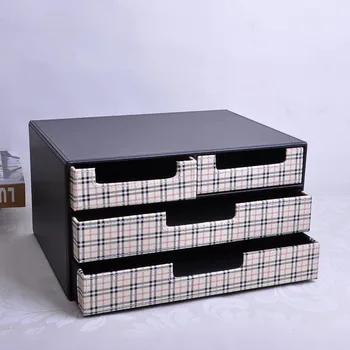 3-слойный 4-выдвижной деревянный кожаный письменный картотечный шкаф коробка для хранения офисный органайзер контейнер для документов черный + белый 216C