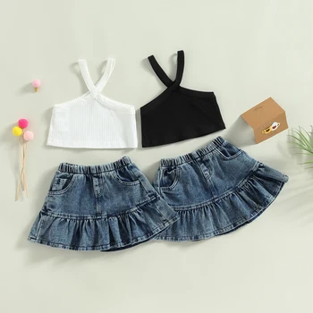 Детская Летняя одежда из 2 предметов для маленьких девочек, Повседневный однотонный камзол в рубчик, Эластичная джинсовая юбка, комплект для малышей