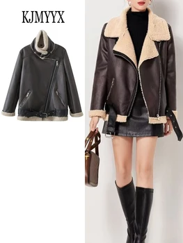 KJMYYX, толстая и теплая куртка из искусственной кожи, Женская куртка с длинными рукавами и поясом, женские зимние модные уличные топы 2023