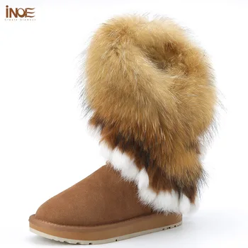 INOE/ зимние ботинки из коровьей замши с лисьим мехом для женщин, зимняя обувь с кисточками на кроличьем меху, обувь на плоской подошве, черный, коричневый, серый 35-44